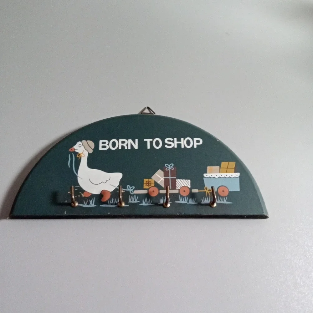Vintage Born To Shop Goose Wooden Key Rack 4 Hook Wall Hanging Decor Teal